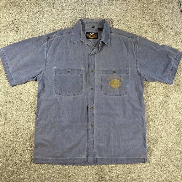 Y2K Harley-Davidson Eagle 'An American Legend' Chambray Shirt Men's Large - Picture 1 of 10